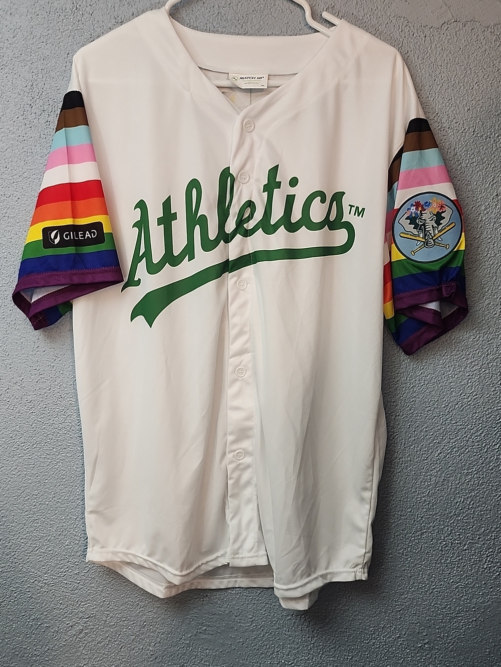 Match Athletics White Baseball Jersey with Rainbow Sleeve Stripes